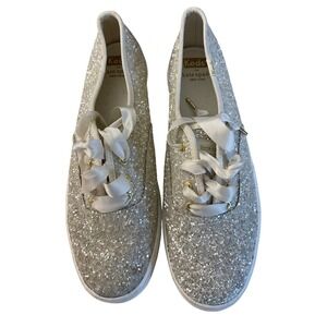 Kate Spade Keds Glitter Sneakers Bridal Sparkle Glam WF57805 Silver 9.5 Festive